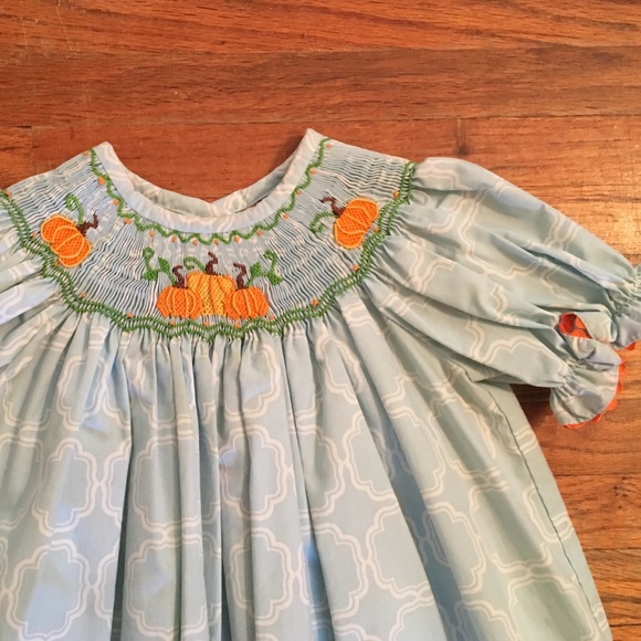 Shrimp & Grits Pumpkin Smocked Dress In Blue - 3T - Picture 3 of 8